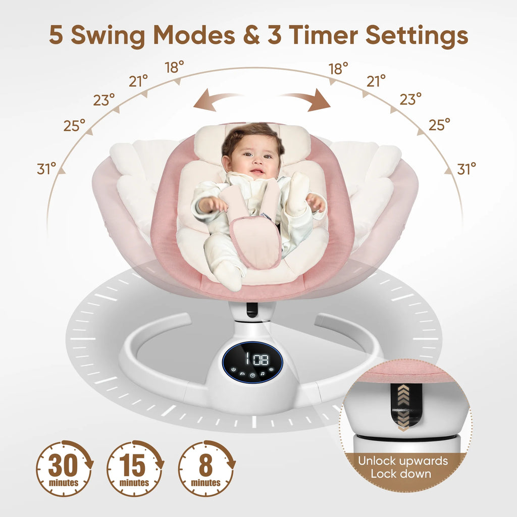 Baby Swing for Infants,Bluetooth Control 5-Point Harness Newborn Swing,5 Sway Speed,10 Lullabies(Pink)