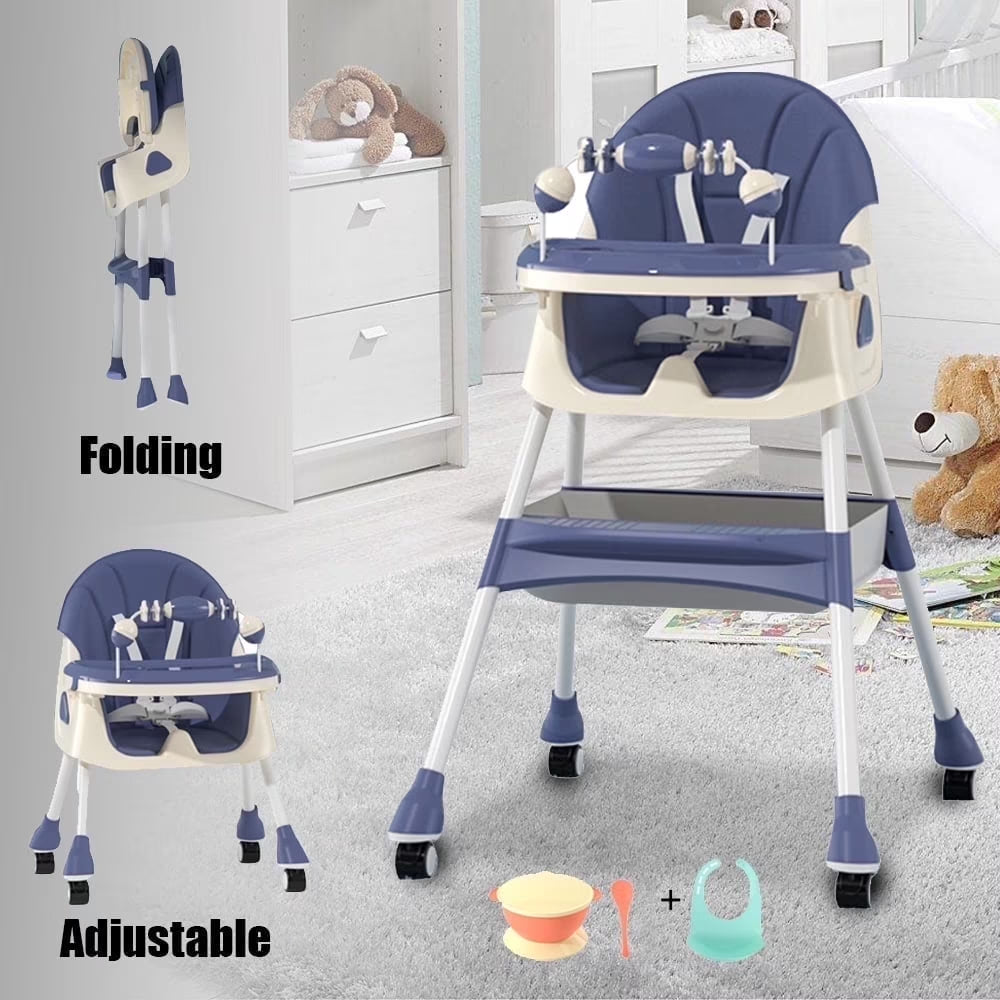 4-In-1 Baby Highchair Adjustable Kid Toddler Dining Chairs Eat & Grow Convertible Chair with 5-Point Harness, Dinner Plate, Blue