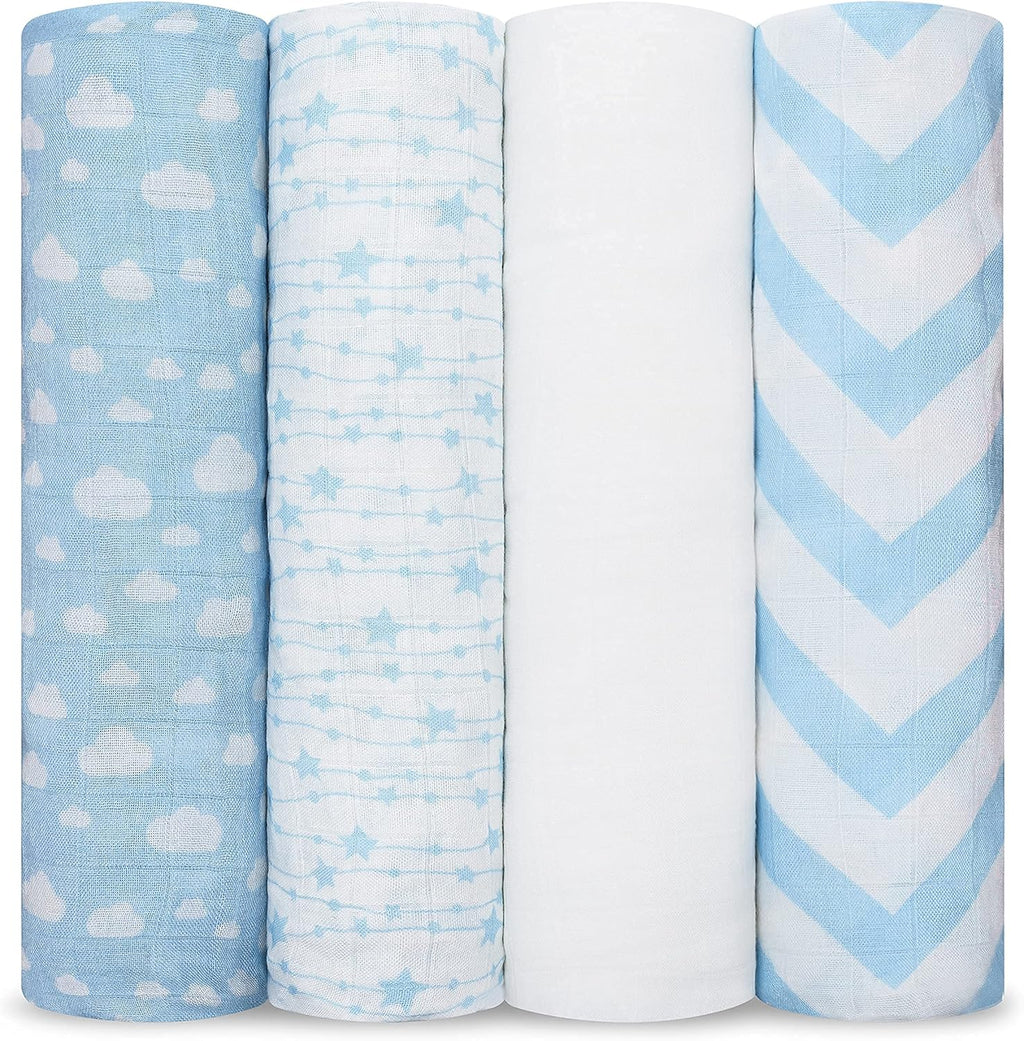Muslin Swaddle Blankets Pack of 4, 47 X 47 Inches, Soft Cotton Baby Blanket Set, Large Multipurpose Swaddling Wraps for Newborns - Self-Soothing Swaddle - Blue