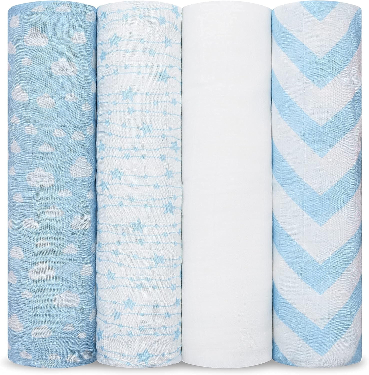 Muslin Swaddle Blankets Pack of 4, 47 X 47 Inches, Soft Cotton Baby Blanket Set, Large Multipurpose Swaddling Wraps for Newborns - Self-Soothing Swaddle - Blue