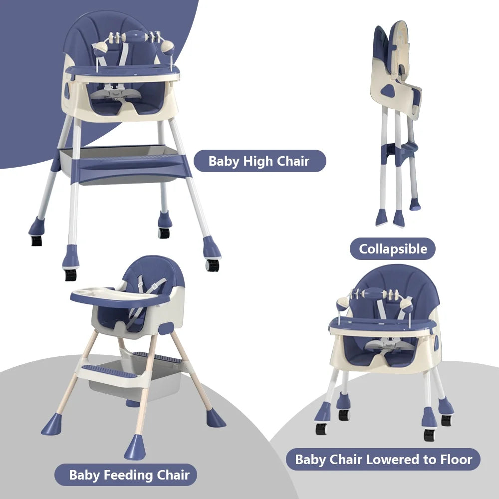 4-In-1 Baby Highchair Adjustable Kid Toddler Dining Chairs Eat & Grow Convertible Chair with 5-Point Harness, Dinner Plate, Blue