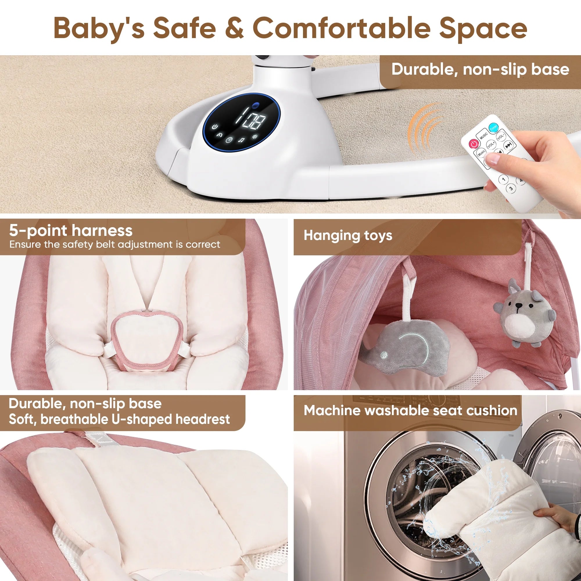 Baby Swing for Infants,Bluetooth Control 5-Point Harness Newborn Swing,5 Sway Speed,10 Lullabies(Pink)