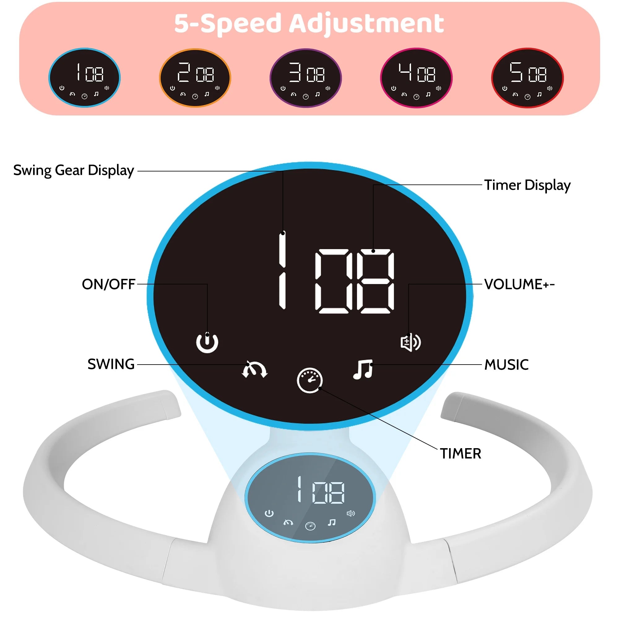 Baby Swing for Infants,Bluetooth Control 5-Point Harness Newborn Swing,5 Sway Speed,10 Lullabies(Pink)