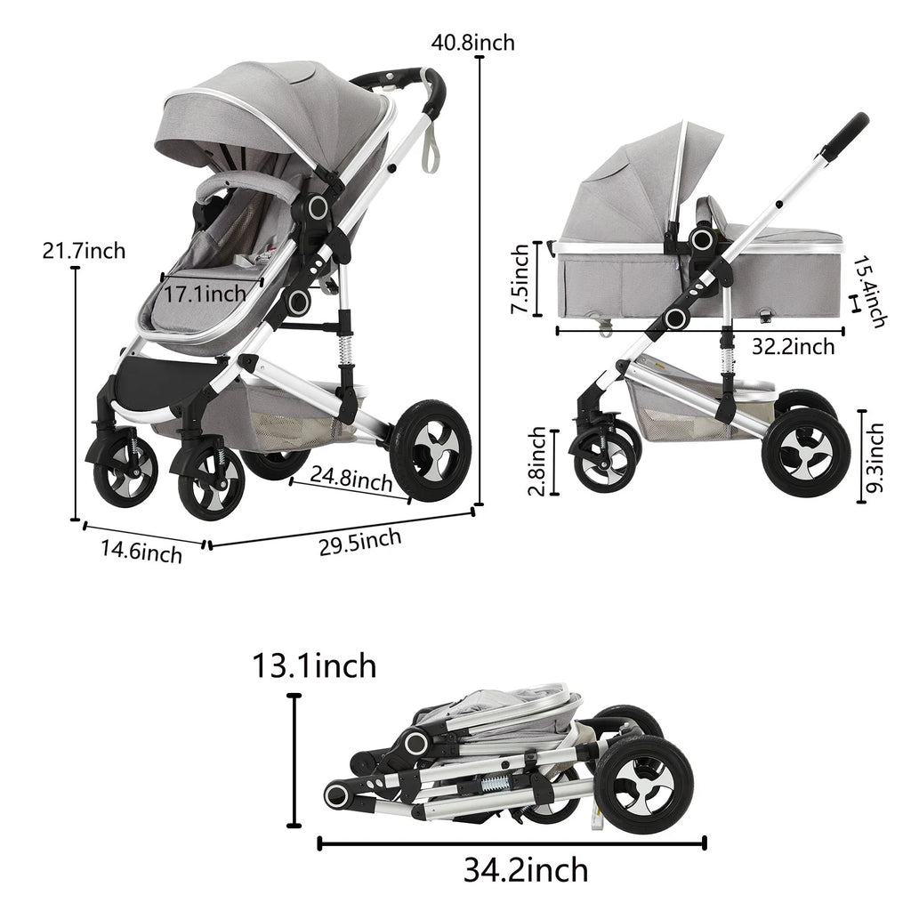3-In-1 Convertible Baby Stroller with Big Seat and Adjustable Canopy, 24 Pound, Light Grey