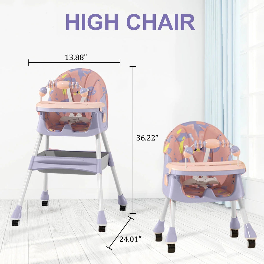 4-In-1 Baby High Chair Portable Toddler Baby Dining Chairs Eat & Play Convertible High Chair with Five-Point Snap Button, Dinner Plate and Toy Rack, Purple