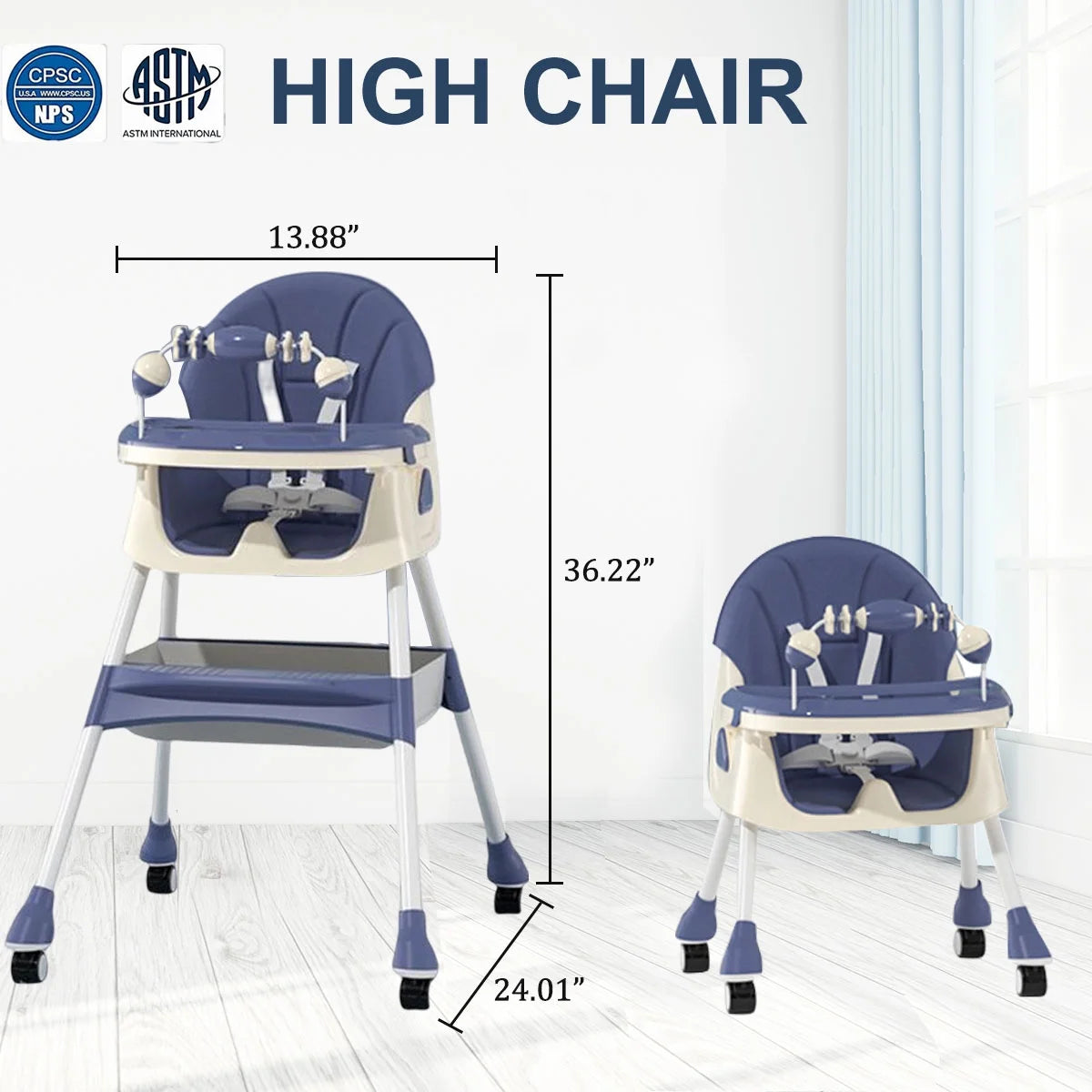 4-In-1 Baby Highchair Adjustable Kid Toddler Dining Chairs Eat & Grow Convertible Chair with 5-Point Harness, Dinner Plate, Blue