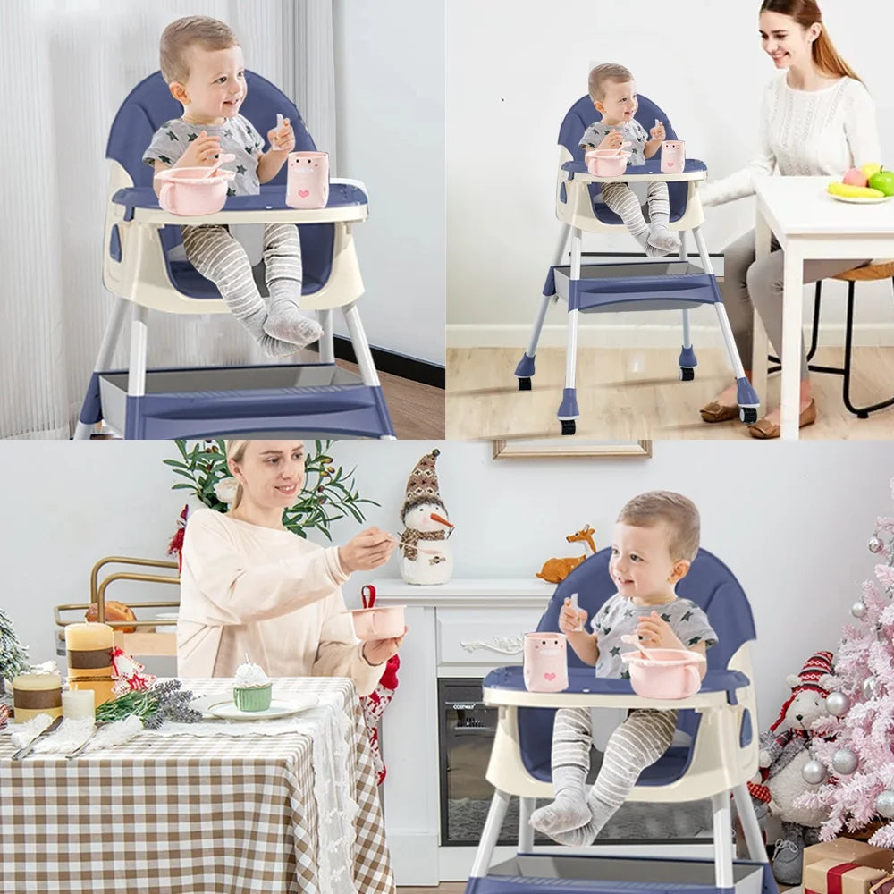 4-In-1 Baby Highchair Adjustable Kid Toddler Dining Chairs Eat & Grow Convertible Chair with 5-Point Harness, Dinner Plate, Blue